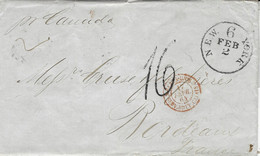 1864 - Lettre De N Y  Pour Bordeaux  Par " Le Canada " Taxe 16 D  Entrée 3 ETATS-UNIS 3 SERV.BRIT. CALAIS - Entry Postmarks