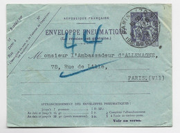 ENTIER 1FR50 VIOLET CHAPLAIN ENVELOPPE PNEUMATIQUE PARIS 1920 - Neumáticos