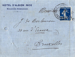 TB 3024 - 1913 - CLAC - Carte Lettre - Hôtel D'Albion NICE Pour Mr De BERLEMON à BRUXELLES - 1877-1920: Période Semi Moderne