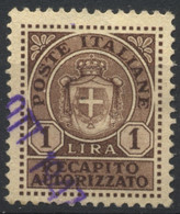 Italia, 1946, Recapito Autorizzato, Stemma Sabaudo, 1 L., Usato - Servicio Privado Autorizado