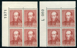 DENMARK 1966 Kold 150th Anniversary Both Papers In Blocks Of 4 With Control Number MNH / **. Michel 441x,y - Neufs