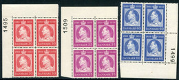 DENMARK 1959 King's 60th Birthday In Blocks Of 4 With Control Number MNH / **. Michel 371-73 - Nuovi