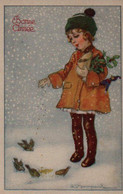 Illustrée Signée BOMPARD :petite Fille Nourrissant Les Oiseaux  Dans La Neige - Bompard, S.