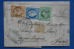 C FRANCE BELLE LETTRE ASSEZ RARE 1872  LA CHATRE POUR  PARIS   +++ AFFRANCH. INTERESSANT - Autres & Non Classés