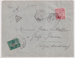 1917 - MONACO - ENVELOPPE Avec CACHET HEXAGONAL => GOLFE-JUAN Avec RARE TAXE SEMEUSE SURCHARGEE "T" - CROIX-ROUGE - Storia Postale