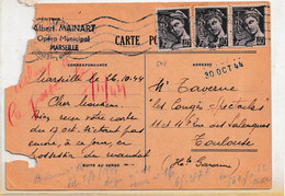 13 - BOUCHES DU RHÔNE « MARSEILLE »  CPI Ordinaire - Tarif à 1F20 (5.1.1942/28.2.1945)   N°548 X 3  - 40c  Mercure - Pseudo-interi Di Produzione Privata