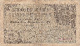 CRBS0078 BILLETE ESPAÑA 5 PESETAS 1936 MUY RARO BC 550 - Sonstige & Ohne Zuordnung