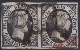 1851 Edifil 6 Isabel II 6c. Pareja  Matasellos Araña En Negro Y Fechador Baeza Rojo - Oblitérés