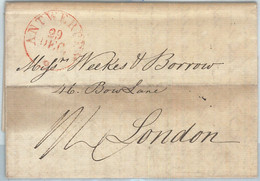 69869 - BELGIUM - POSTAL HISTORY -  PREPHILATELIC COVER From ANVERS  Antwerp  To  LONDON 1829 - 1815-1830 (Hollandse Tijd)