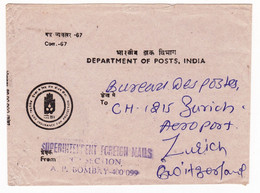 Lettre Inde India Bombay Department Of Posts Zurich Switzerland Superintendent Foreign Mails - Briefe U. Dokumente