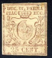 1857-59 - 25 C. Bruno Lilla' MLH** - Con Varieta' Falla Di Stampa Nell'ovale Del Giglio - Immagine Anche Del Verso - Parme