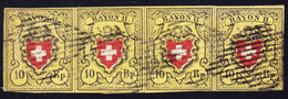 1850 10 Rp Rayon Gelb, Type 9 - 12, Stein D, RU. Gestempelter 4er Streifen, Vollrandig. Senkrechter Bug In Der Mitte. - 1843-1852 Federale & Kantonnale Postzegels