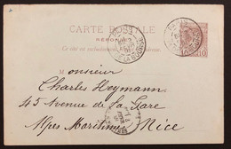 Monaco Entier Carte Réponse 10c Brun Charles III Utilsé à Paris !! Dateur Place De La Bourse Pour Nice !! TTB Et RR - Interi Postali