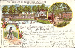 Lithographie Berlin Zehlendorf, Alte Fischerhütte Am Schlachtensee U. Grunewald, Außenansicht, Radfahrer - Other