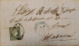 O) 1855 CUBA, CARIBBEAN, SPANISH DOMINION, QUEEN ISABELLA II, SCT 1 1/2 Real Plata Blue Green, BAEZA CANCELLATION BLUE, - Préphilatélie