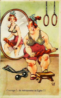 ►  CPA Illustration Signée    Humour Musculation Bodybuilding  Femme Miroir Mirror Haltérophilie - Weightlifting
