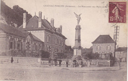 08. CHATEAU PORCIEN. CPA.  LE MONUMENT AUX MORTS ET LES ECOLES. ANIMATION. ANNEE 191? + TEXTE - Chateau Porcien