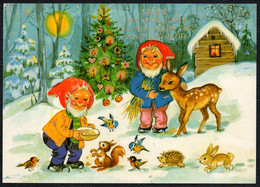 F2970 - Glückwunschkarte Weihnachten - Zwerg Heinzelmännchen Geschenke Winterlandschaft Eichhörnchen Igel Hase Tannebaum - Unclassified