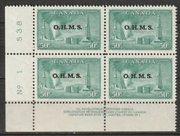 Canada 1950 Sc O11 Mi D16 Yt S13 Official LL Plate 1 Block MNH** - Sobrecargados