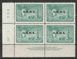 Canada 1950 Sc O11 Mi D16 Yt S13 Official LL Plate 1 Block MNH** - Aufdrucksausgaben