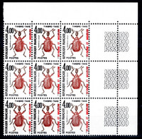 Taxe Insecte à 4 Francs N° 108 Yvert Et Tellier Double Frappe Re Entry. Bloc De 9 Coin De Feuille St Pierre Et Miquelon - Imperforates, Proofs & Errors