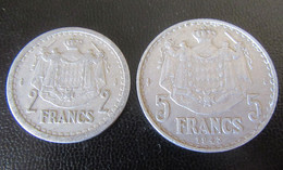 Monaco - 2 Monnaies Aluminium : 2 Francs Louis II Non-datée (1943) + 5 Francs 1945 - 1922-1949 Louis II
