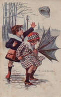 Illustrée Signée USABAL : Deux Enfants Dans La Tempête . Parapluie Retourné . - Usabal