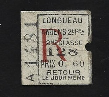 Ticket Train  LONGUEAU       AMIENS - Europe