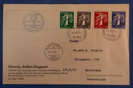 E8 SUISSE BELLE LETTRE 1939 POSTE AERIENNE BALLON ZURICH PAVILLON " LANDESAUSSTELLUNG " EN ALLEMAND SIGNEE AU DOS - Autres & Non Classés