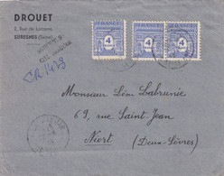 LETTRE. 1945. RECOMMANDE PROVISOIRE. 12 Fr. PAIRE + 1, 4Fr ARC DE TRIOMPHE. SURESNES SEINE. POUR NIORT - 1944-45 Arc De Triomphe