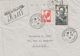 LETTRE. 11 12 1944. RECOMMANDE PROVISOIRE. 4,50Fr. COQ 50c + COMPLEMENT BUGEAUD. BRESSUIRE DEUX-SEVRES. POUR NIORT - 1944 Hahn Und Marianne D'Alger