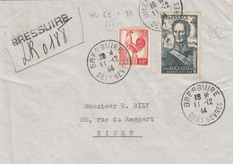 LETTRE. 11 12 1944. RECOMMANDE PROVISOIRE. 4,50Fr. COQ 50c + COMPLEMENT BUGEAUD. BRESSUIRE DEUX-SEVRES. POUR NIORT - 1944 Coq Et Maríanne D'Alger