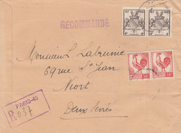 LETTRE. 27 8 45. RECOMMANDE . 9Fr. . PAIRE COQ 50c + PAIRE STRASBOURG. PARIS-40. POUR NIORT - 1944 Hahn Und Marianne D'Alger