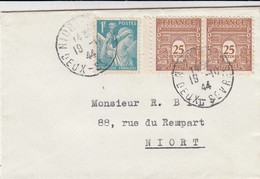 LETTRE. 19 10 44. ARC DE TRIOMPHE PAIRE 25c +1 Fr IRIS.  POUR NIORT - 1944-45 Triomfboog