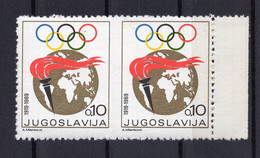1969 YUGOSLAVIA, OLYMPIC GAMES, PAIR,IMPERF, 0.10 DIN. ADDITIONAL STAMP, MNH, COMPULSORY USE FOR ONE WEEK ONLY - Ongetande, Proeven & Plaatfouten