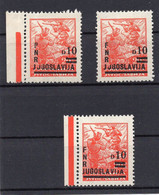 1948 YUGOSLAVIA, ERROR, JJGOSLAVIA, 10 DIN OVERPRINT, SET OF 3 STAMPS, MNH - Geschnittene, Druckproben Und Abarten