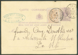 E.P. Carte 5 Centimes Lilas (type 10) Sur Chamois + Tp N°28, Obl. Dc BRAINE-le-CHÂTEAU 6 Nov. 1877 Vers L'Allemagne (tar - Cartes Postales 1871-1909