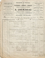 1930 - Facture à Entête De L'Entreprise CHEMINEAU à Domfront (Orne) - Travaux De PLATRERIE-CIMENTS-PAVAGES - Autres & Non Classés