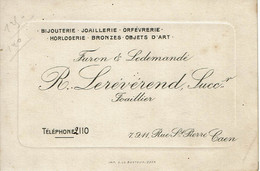 Env 1937 -Carte De Visite De R. LEREVEREND à Caen -Bijouterie, Joaillerie, Orfèvrerie, Horlogerie, Bronzes, Objets D'art - Cartes De Visite