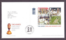 2005, Great Britain, The Ashes England Winners 2005, MS With 4 Stamps On A FDC With A Stumps And Ashes Cup Cancellation - 2001-2010 Em. Décimales