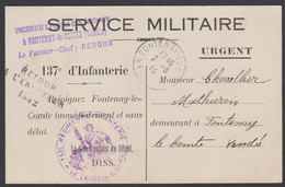 Carte FM Ww1 Sept 1914 Service Militaire Imprimé 137e RI Rejoignez Fontenay-le-Comte - Inconnu à L'appel Des Facteurs - WW I