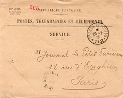 LETTRE RECOMMANDEE  EN FRANCHISE POSTES, TELEGRAPHES ET TELEPHONES .OBLITERATION TRESOR ET POSTE   20-7-1915-* 112 * - Cartas & Documentos