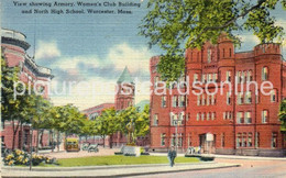 ARMORY WOMENS CLUB BUILDING AND NORTH HIGH SCHOOL WORCESTER MASSACHUSETTS OLD COLOUR POSTCARD USA AMERICA - Worcester