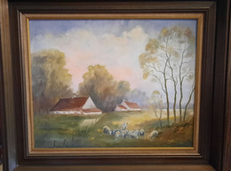 Olieverf Schilderij Landschap Met Schaapherder - Huiles