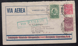Brazil Early Airmail Cover To USA With Aeroposta Crossed Out And Green Panair Boxed Seal - Storia Postale