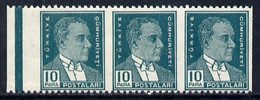 Turkey 1931 Ataturk 1st Def 10 Para Green Horiz Strip Of 3 With Vert Perfs Omitted U/M, SG 1122var - Neufs