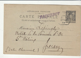Carte Entier Postal  10c Sage St Malo Pour Jersey, Marque Paquebot, 1897 - Standard Postcards & Stamped On Demand (before 1995)