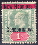 1908 BRITISH NEW HEBRIDES KEVII OVPTD 1/- GREEN & CARMINE (SG# 3) MH - Unused Stamps