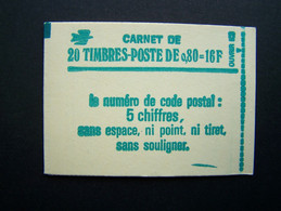 1970-C1a CONF. 6 CARNET FERME 20 TIMBRES SABINE DE GANDON 0,80 VERT CODE POSTAL (BOITE C) - Moderne : 1959-...