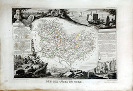 BRETAGNE Côtes Du Nord (Armor, 22) Carte Ancienne, Illustrée, Atlas Geographie 1850 - Sept-Iles, St Brieuc, Dinan .. - Geographical Maps
